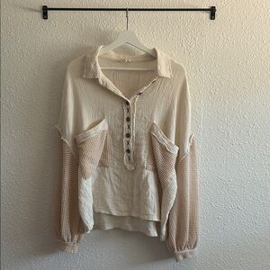 POL Textured Cream and Tan Button-Down Shirt